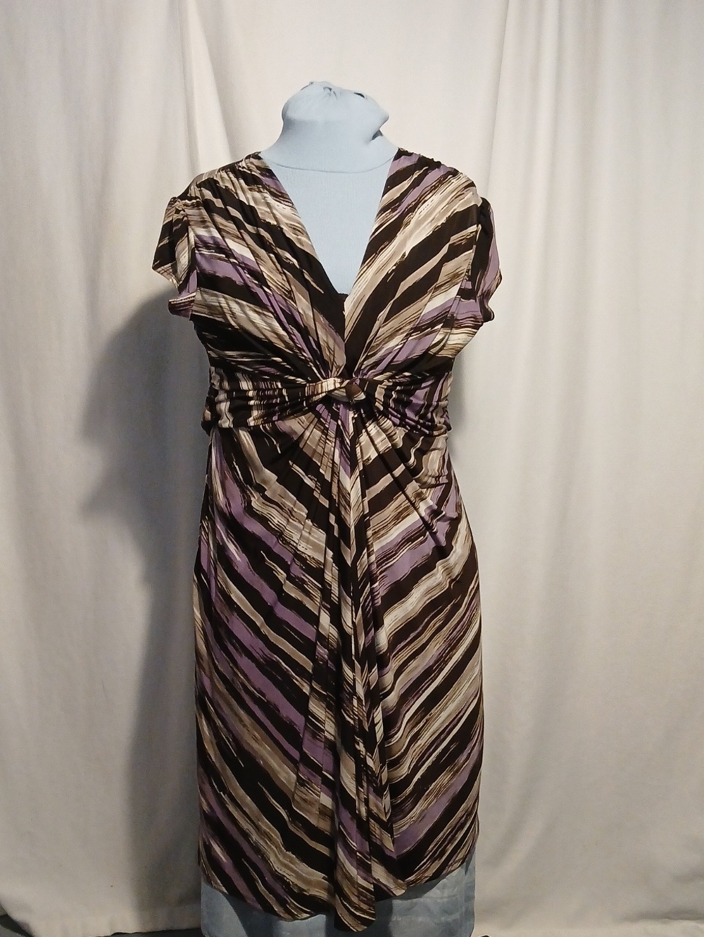 V-Neck Twist Front Striped Midi Dress in Lavender and Brown